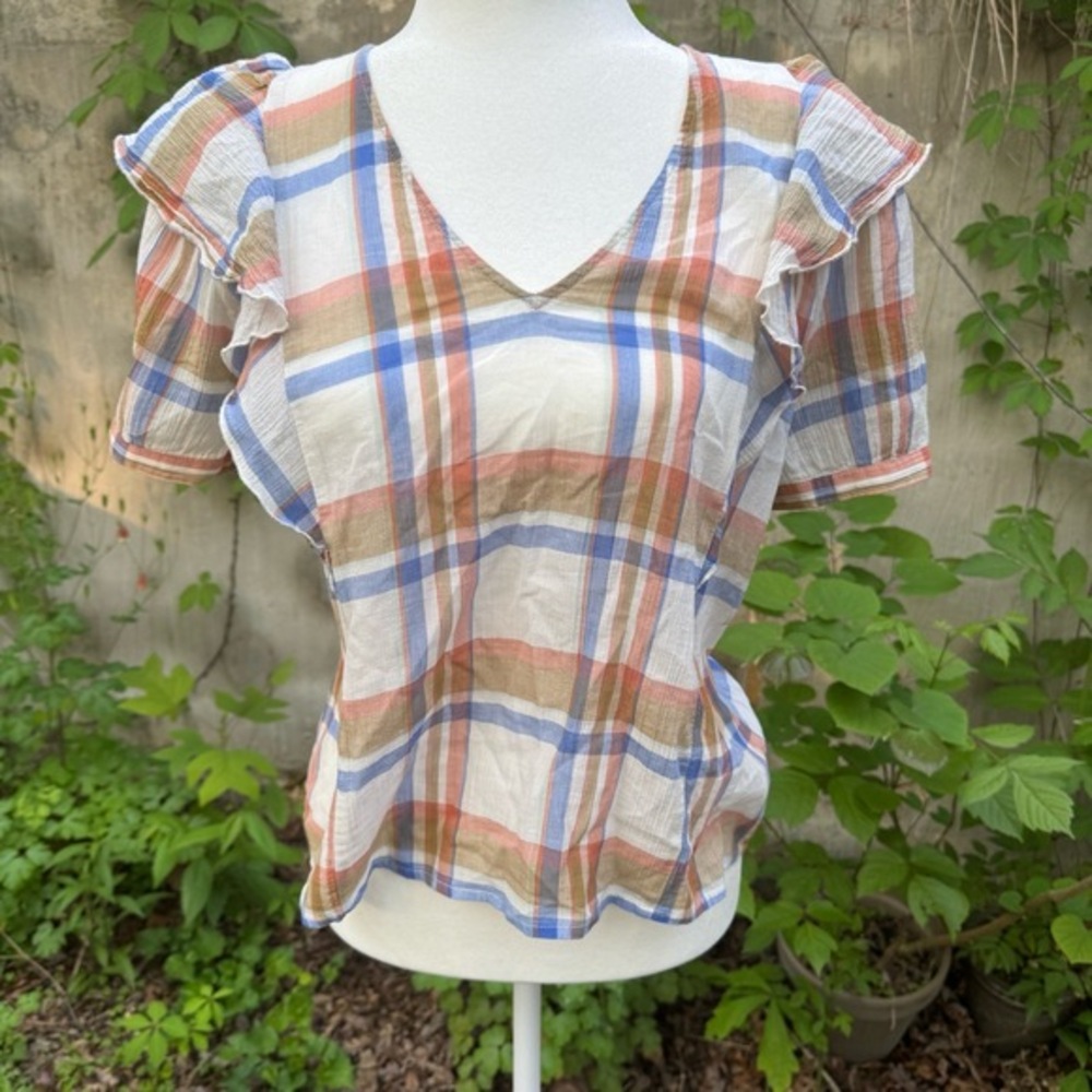 Madewell Ruffle Sleeve Plaid Blouse XS Cotton Crinkle Whimsy Flowy Cottage Retro